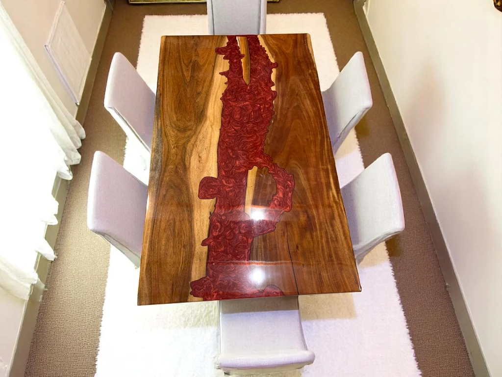 Wood Slab Dining Table - Red Epoxy Resin Furniture 